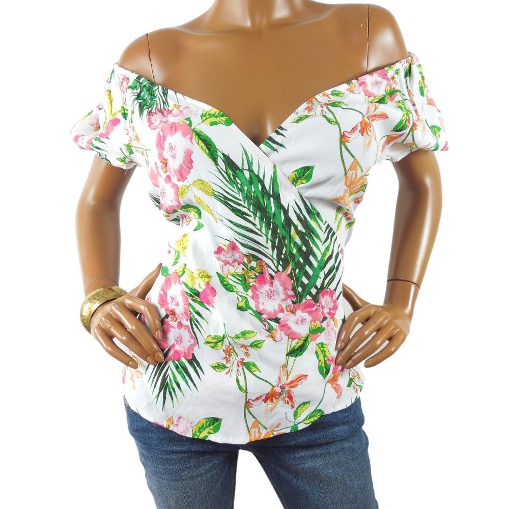 NEW YORK & CO Top M NWT White Floral On & Off the Shoulder Wrap Blouse Tie Waist - Picture 3 of 13